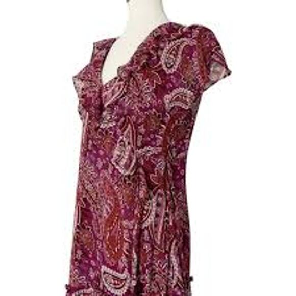 Sundance 100% Silk Maroon Paisley Ruffle Flutter Tier Maxi Dress Size 2 - Picture 5 of 7